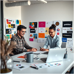 A modern, minimalist office with a team of designers collaborating on a laptop, surrounded by colorful brand mood boards, sketches, and logo mockups. The overall atmosphere should be creative and energetic, highlighting the collaborative process of brand development.