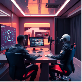 A sleek, futuristic workspace with a designer using AI software to create a logo, a video editor utilizing AI for content generation, and a voice artist recording a professional voiceover in a soundproof booth. The image should showcase the seamless integration of AI into the creative process.