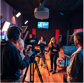 A dynamic scene with a team filming a professional video shoot for a website, featuring diverse models and vibrant sets. In the background, a sound engineer is working on mixing a voiceover track in a recording studio. The image should portray the collaborative production of video and audio content that engages and informs audiences.