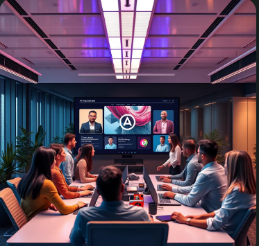 A modern, sleek office space with a team of diverse professionals collaborating on a large screen showcasing a website design, a logo, a video, and AI-generated avatars.  The atmosphere is energetic and creative, with vibrant colors and high-tech equipment.