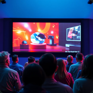 A vibrant video playing on a large screen showing a compelling product demonstration. The video features high-quality visuals, dynamic transitions, and engaging animations. In the foreground, a group of people are watching the video, captivated by the visuals and story.