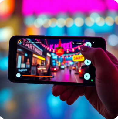 A captivating video ad playing on a smartphone screen, showcasing a vibrant and engaging visual narrative. The ad should include clear call to actions and compelling imagery, emphasizing the power of video marketing to drive brand awareness and customer conversions.