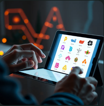 A close-up shot of a designer's hand using a tablet to design a logo. The screen displays a series of AI-generated logo options, showcasing different styles and colors. In the background, abstract visual elements representing AI technology are subtly present.