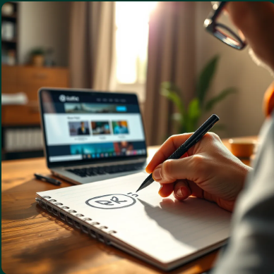 A close-up shot of a designer's hand sketching a logo on a notepad, with a laptop displaying a website mockup in the background. The room is bathed in warm, natural light streaming through a window. The scene is filled with vibrant colors and textures, reflecting the creative energy of the design process.  The overall mood is professional, yet inspiring, highlighting the artistry and meticulous attention to detail involved in crafting a perfect logo. Capture the subtle movements of the designer's hand, the texture of the paper, and the reflection of the laptop screen in the designer's glasses, emphasizing the intricate process of logo creation. Render the image in 8K resolution, with hyperrealistic detail and natural, soft lighting.  The image should evoke a sense of creativity, expertise, and professionalism, showcasing the designer's skill and the transformative power of a well-designed logo.